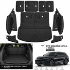 custom-fit leather trunk mat and backrest pad set designed for the 2025–2026 BYD Sealion 8 (Atto 8) and BYD Tang L, providing full cargo area protection with a luxury quilted finish.