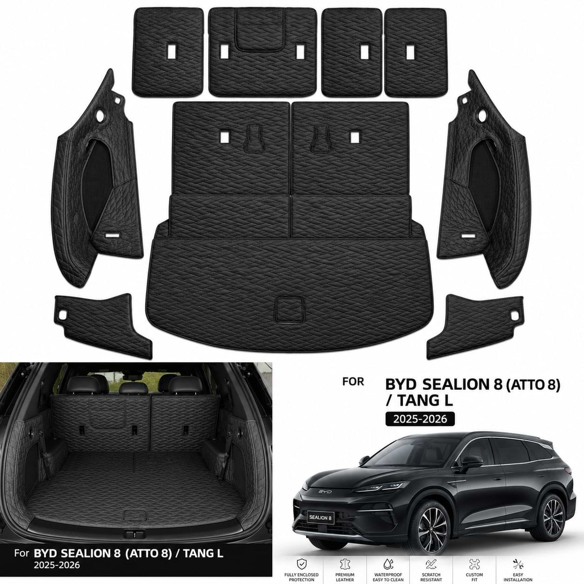 custom-fit leather trunk mat and backrest pad set designed for the 2025–2026 BYD Sealion 8 (Atto 8) and BYD Tang L, providing full cargo area protection with a luxury quilted finish.