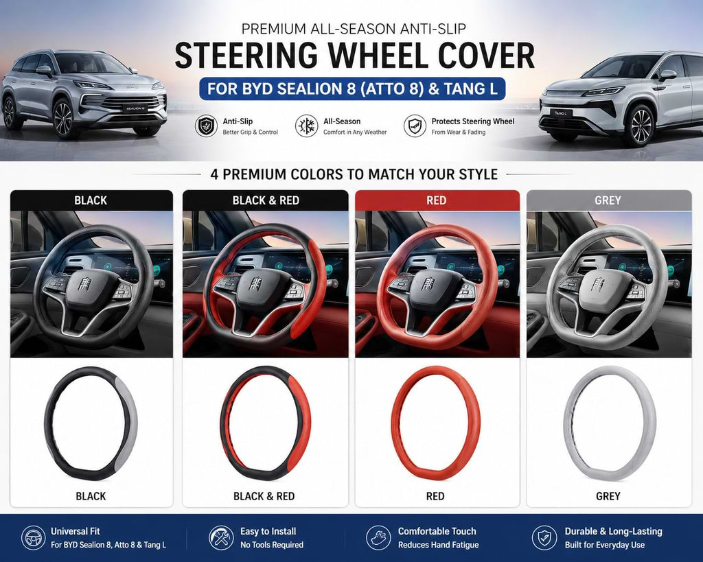 Four color options of the universal steering wheel cover for BYD Sealion 8 (Atto 8) and BYD Tang L, available in Black, Black & Red, Red, and Grey.