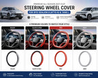 Four color options of the universal steering wheel cover for BYD Sealion 8 (Atto 8) and BYD Tang L, available in Black, Black & Red, Red, and Grey.