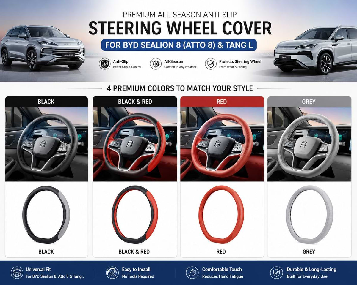 Four color options of the universal steering wheel cover for BYD Sealion 8 (Atto 8) and BYD Tang L, available in Black, Black & Red, Red, and Grey.