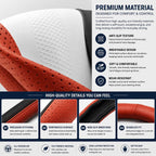Premium material infographic for the BYD Sealion 8 (Atto 8) and BYD Tang L steering wheel cover, highlighting anti-slip texture, breathable leather, durable stitching, and all-season comfort.
