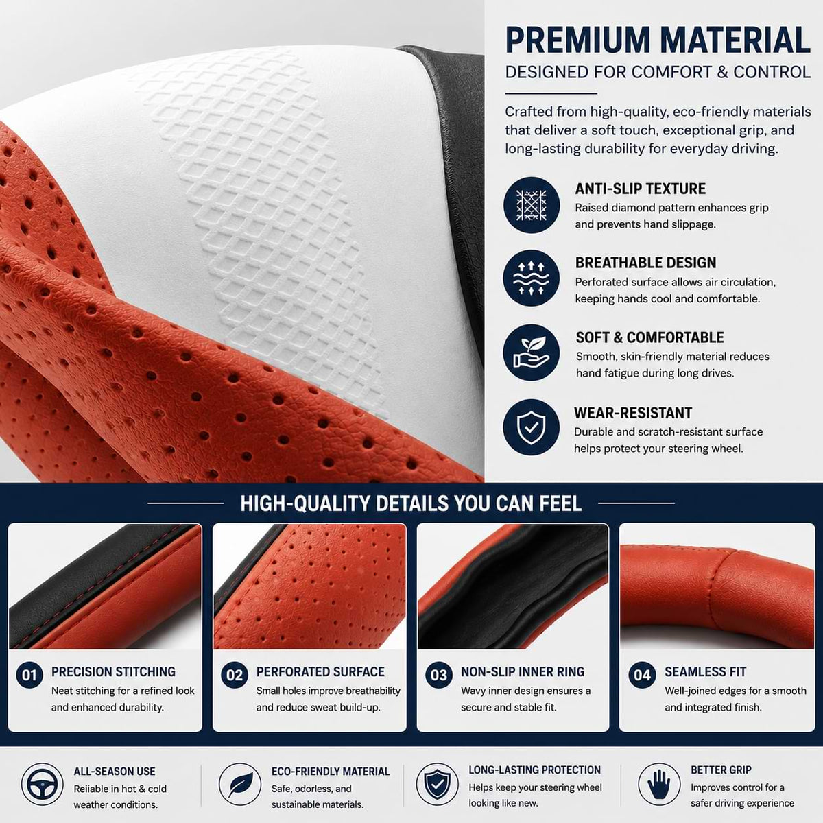 Premium material infographic for the BYD Sealion 8 (Atto 8) and BYD Tang L steering wheel cover, highlighting anti-slip texture, breathable leather, durable stitching, and all-season comfort.