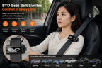 Driver using a BYD Seat Belt Positioning Clip for improved seat belt comfort during everyday driving