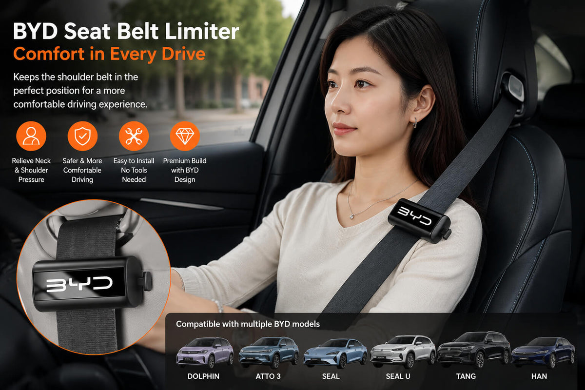 Driver using a BYD Seat Belt Positioning Clip for improved seat belt comfort during everyday driving