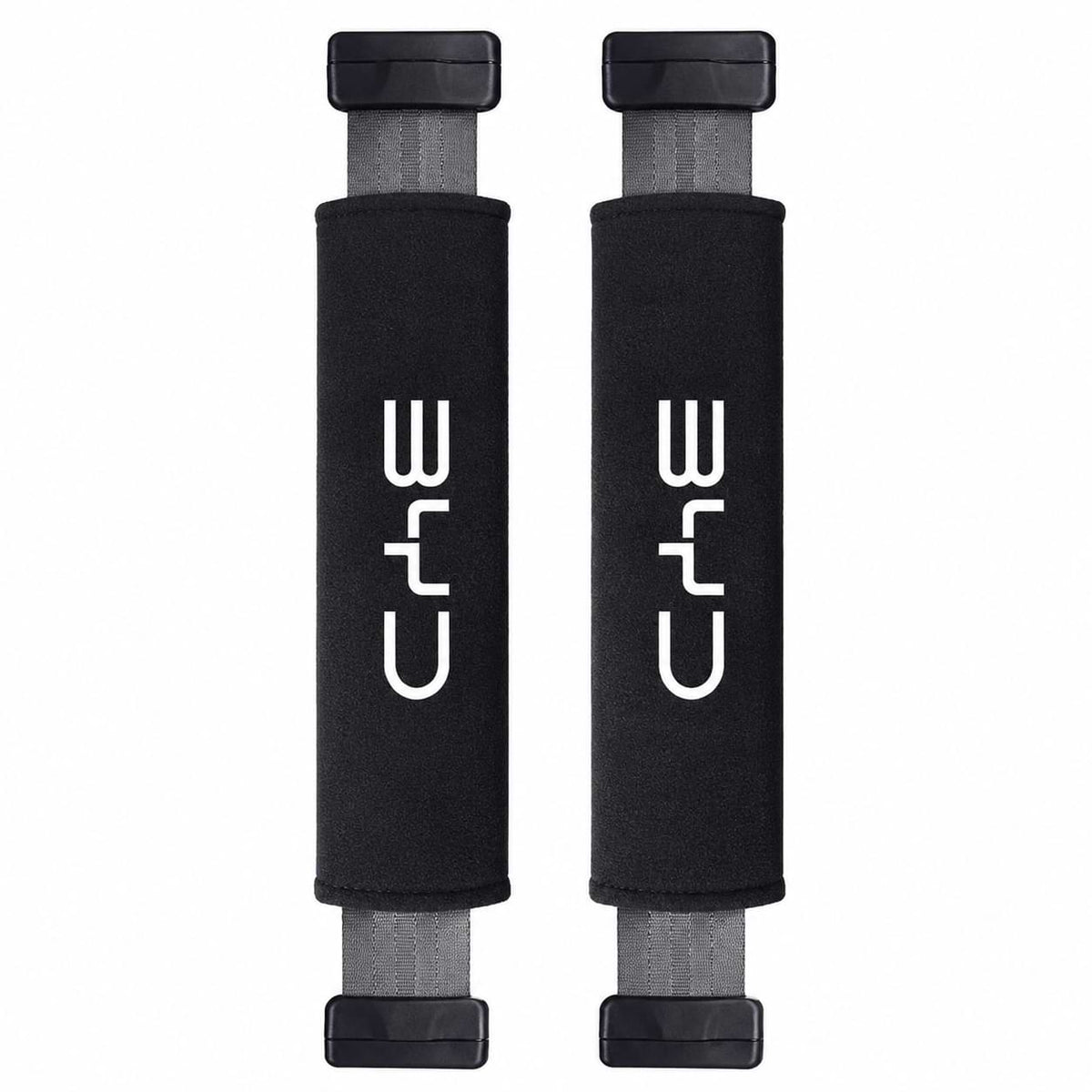 Black BYD car seat belt shoulder cover pads installed on vehicle seat belts for added driving comfort and interior protection.