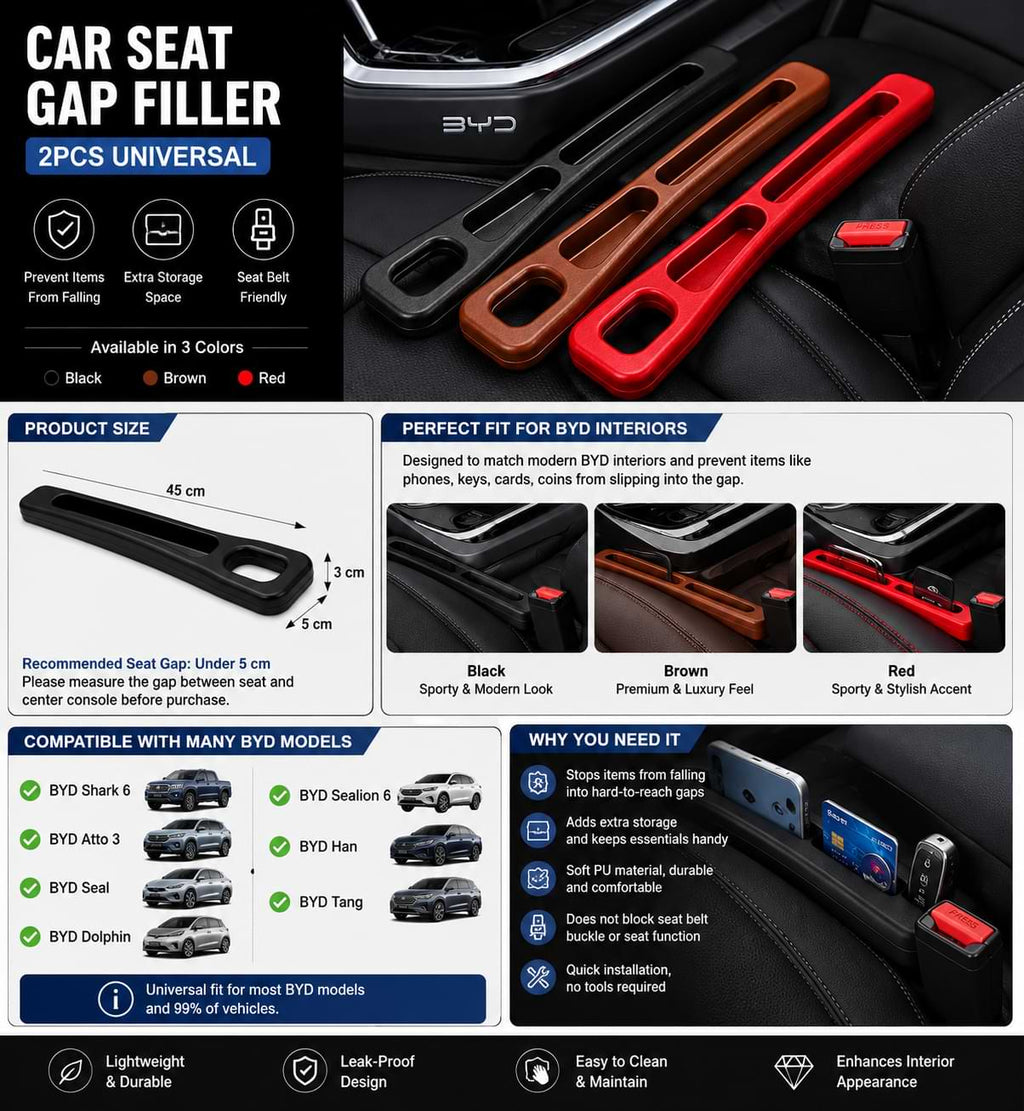 BYD Car Seat Gap Filler 2PCS Universal Leak Proof Interior Organizer