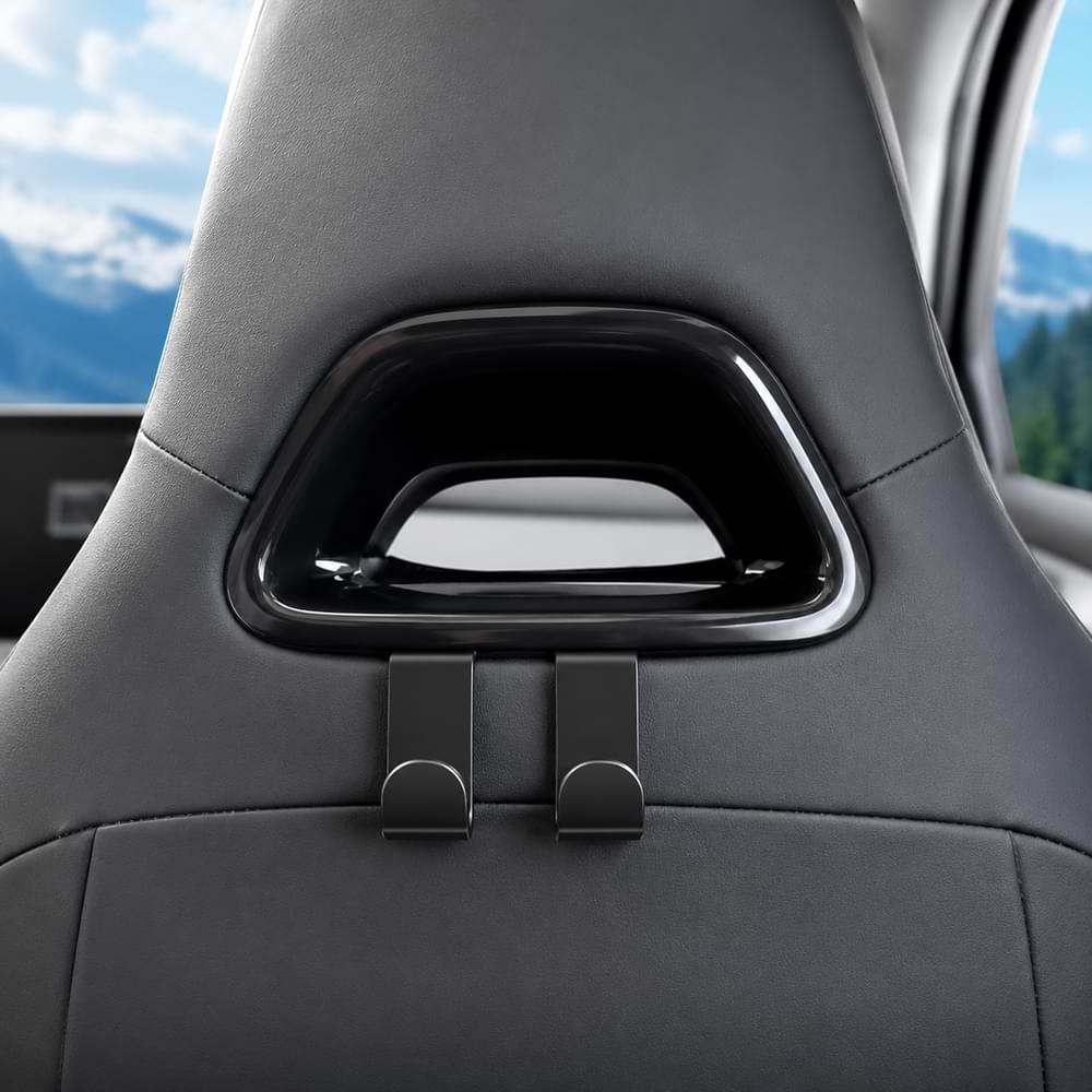 byd Car headrest hook mounted on a car seat with a scenic background