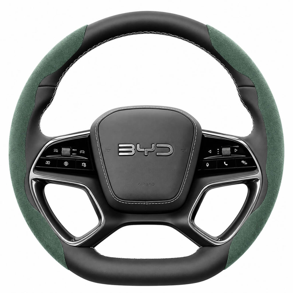 Segmented Suede Steering Wheel Cover for BYD Atto 3 Seal Dolphin Shark 6 Sealion 7 green