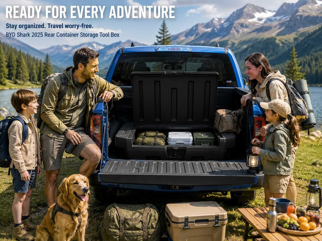 Family camping beside BYD Shark 2025 pickup with rear storage tool box during outdoor mountain adventure