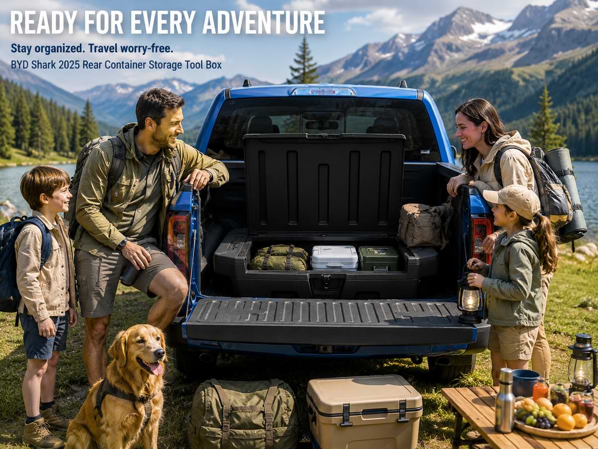 Family camping beside BYD Shark 2025 pickup with rear storage tool box during outdoor mountain adventure