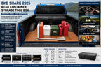 BYD Shark 2025 pickup truck bed with rear container storage tool box and organized cargo equipment