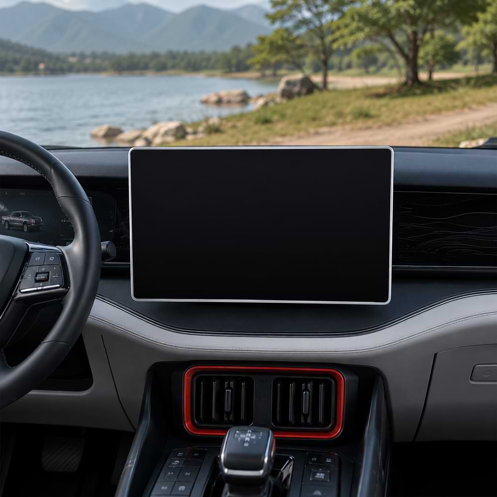 Black silicone screen protector installed on BYD Shark 6 15.6 inch touchscreen display