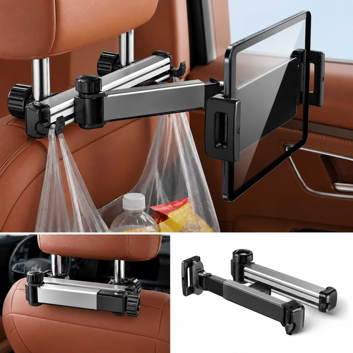 Black and silver rear seat tablet and phone holder mounted inside BYD Shark 6 interior