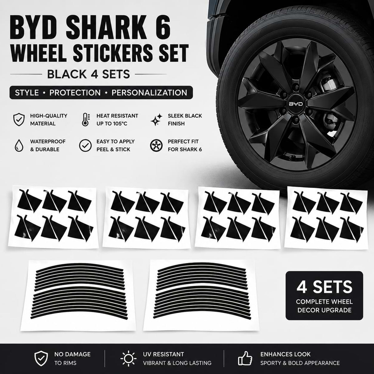 BYD Shark 6 wheel stickers set with car wheel and product