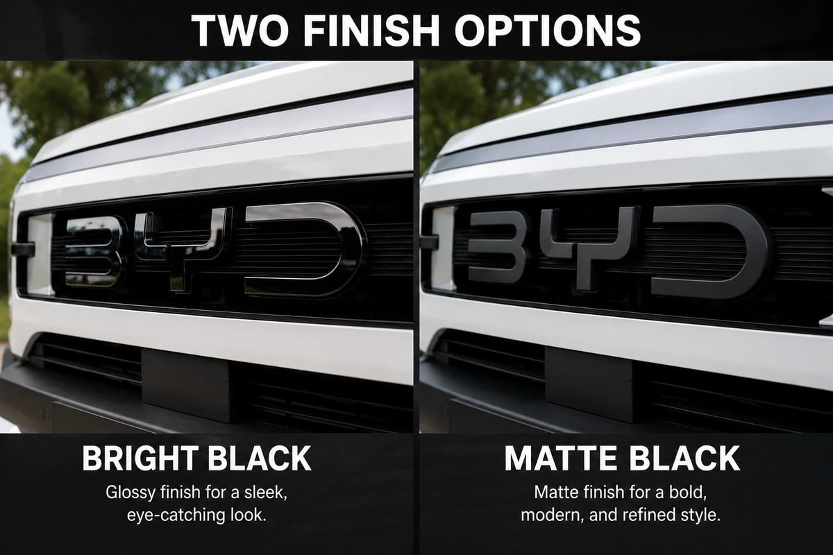 BYD Shark 6 front grille emblem badge sticker comparison in bright black glossy and matte black finish