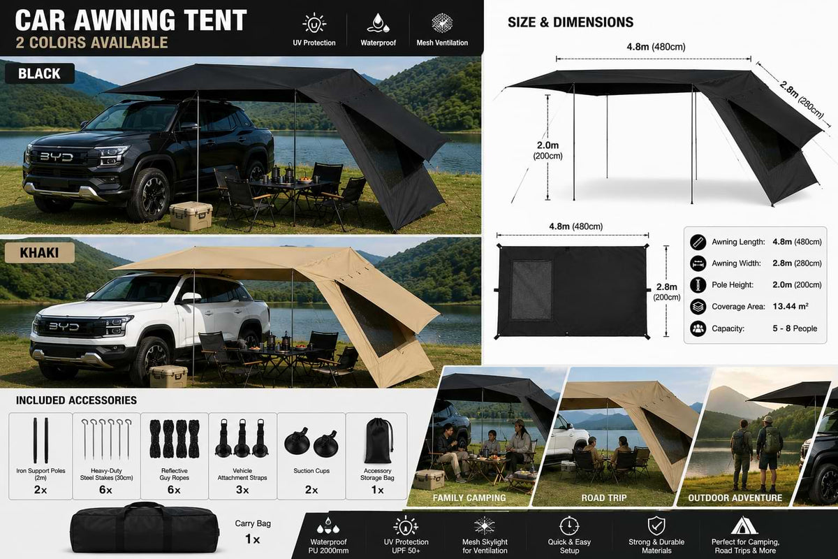 Waterproof Car Awning Tent with Mesh Skylight for BYD Atto 3, Sealion 7 & Shark 6