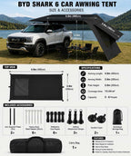 BYD Shark 6 camping awning tent size guide showing 4.8m by 2.8m shelter dimensions, 2m support poles, and included camping accessories