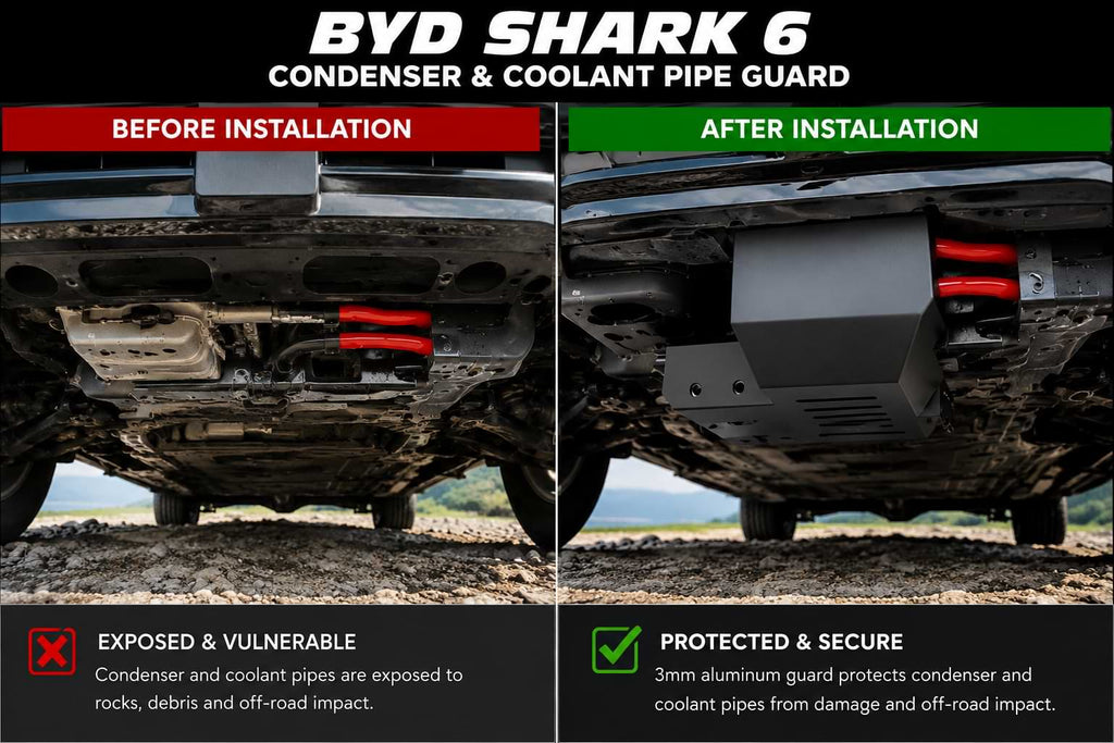 Before and after installation comparison of condenser and coolant pipe guard on BYD Shark 6 underbody