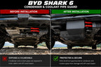 Before and after installation comparison of condenser and coolant pipe guard on BYD Shark 6 underbody