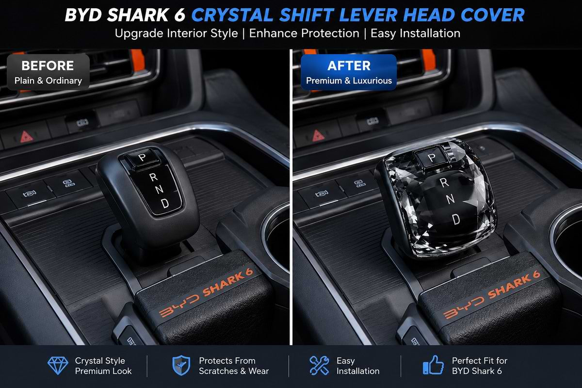 Before and after BYD Shark 6 crystal gear shift lever cover interior upgrade comparison