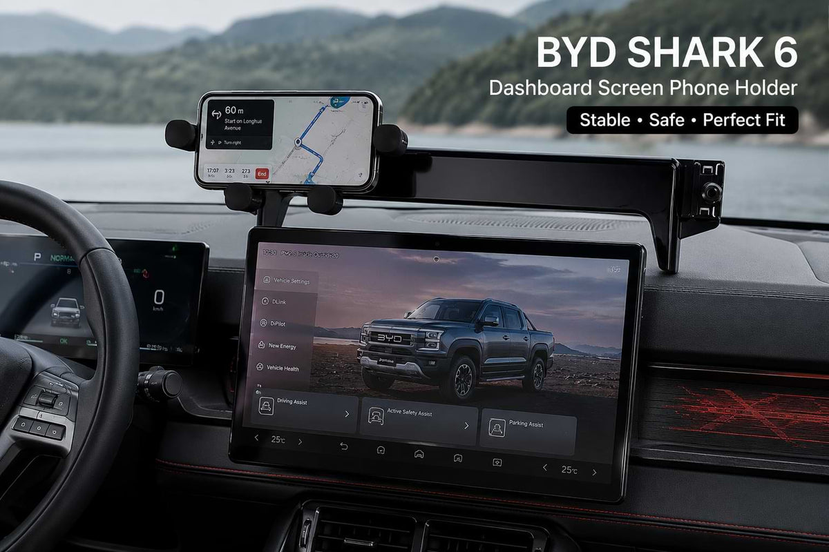 BYD Shark 6 interior with dashboard multimedia screen phone holder and smartphone navigation mounted