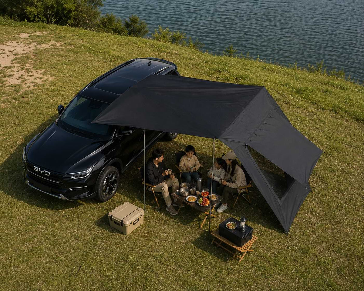 BYD Shark 6 Family Camping Setup with Waterproof Car Awning Tent