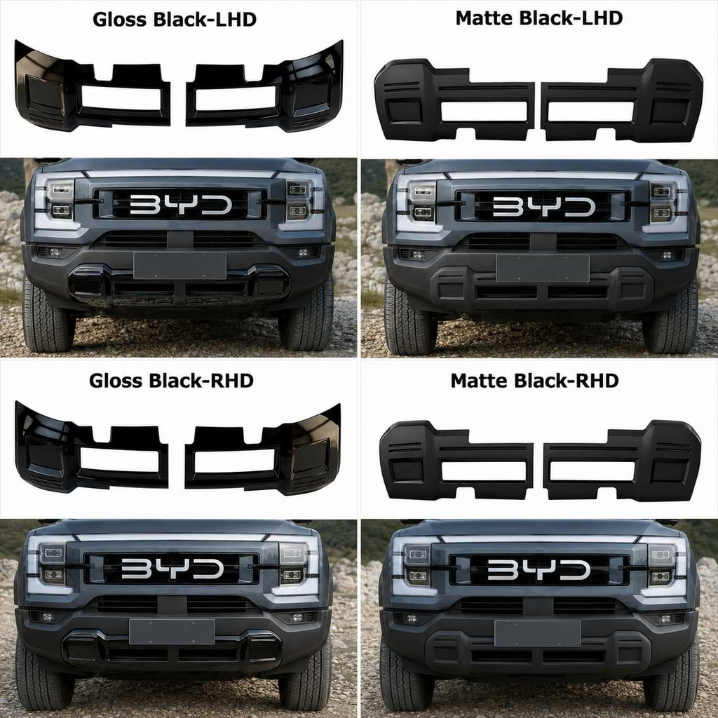 Comparison collage of gloss black and matte black front bumper lower guard plates for BYD Shark 6 in LHD and RHD versions