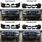 Comparison collage of gloss black and matte black front bumper lower guard plates for BYD Shark 6 in LHD and RHD versions