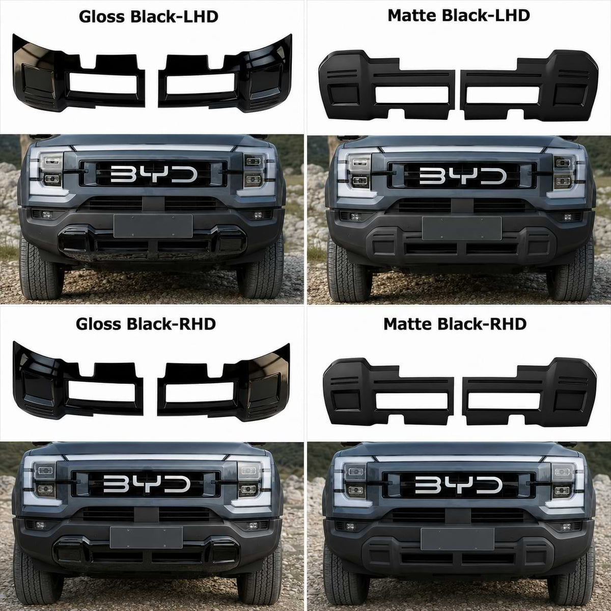 Comparison collage of gloss black and matte black front bumper lower guard plates for BYD Shark 6 in LHD and RHD versions