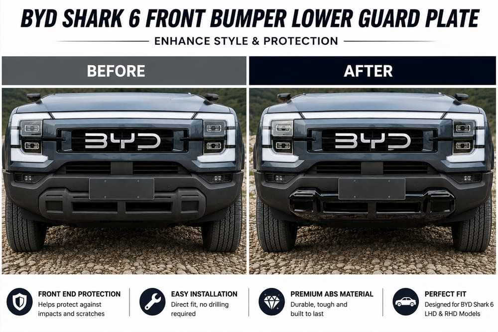 Before and after comparison of BYD Shark 6 front bumper lower guard plate installation