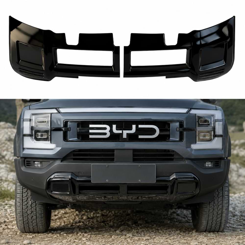 Gloss black front bumper lower guard plate installed on BYD Shark 6 front exterior