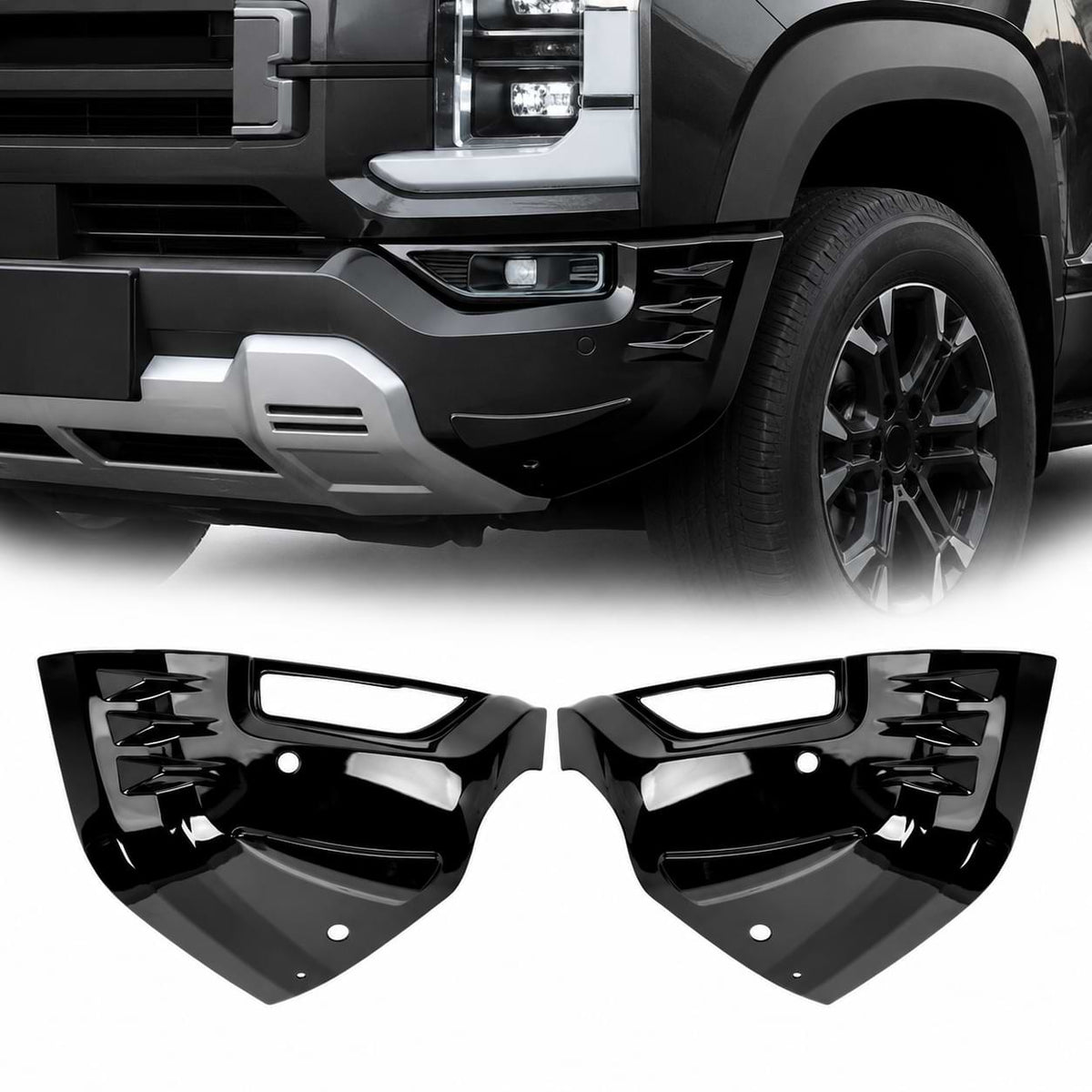 Gloss black front bumper corner guard installed on BYD Shark 6 pickup truck