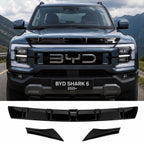 Gloss black hood shield deflector installed on BYD Shark 6 front hood