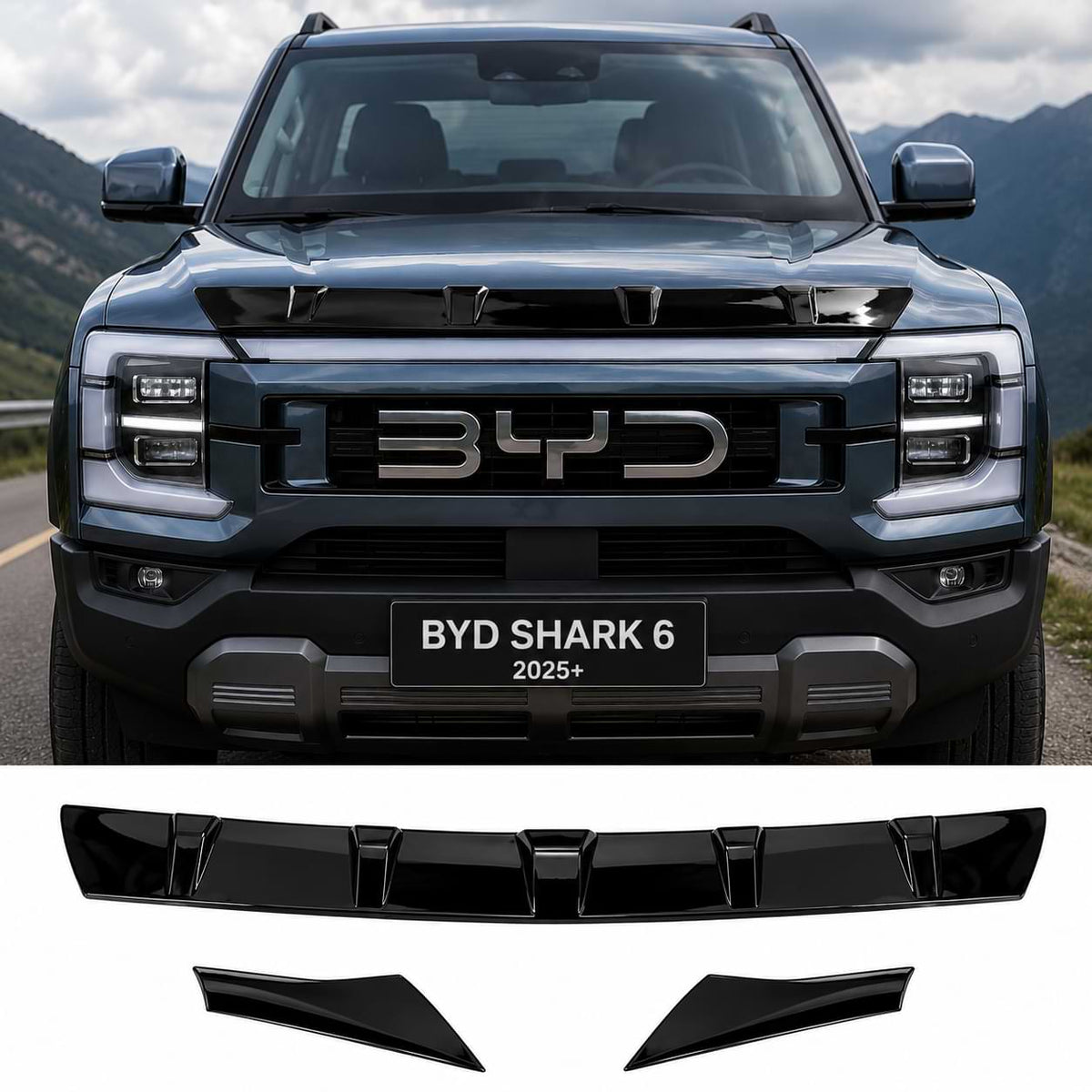 Gloss black hood shield deflector installed on BYD Shark 6 front hood