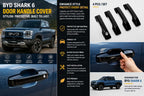 Infographic collage showing glossy black door handle covers for BYD Shark 6 with product features and installation view