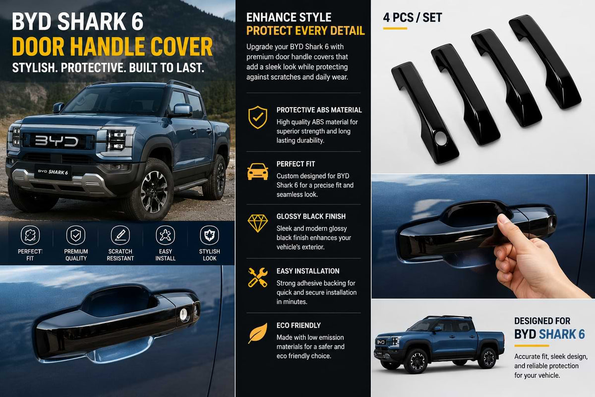 Infographic collage showing glossy black door handle covers for BYD Shark 6 with product features and installation view