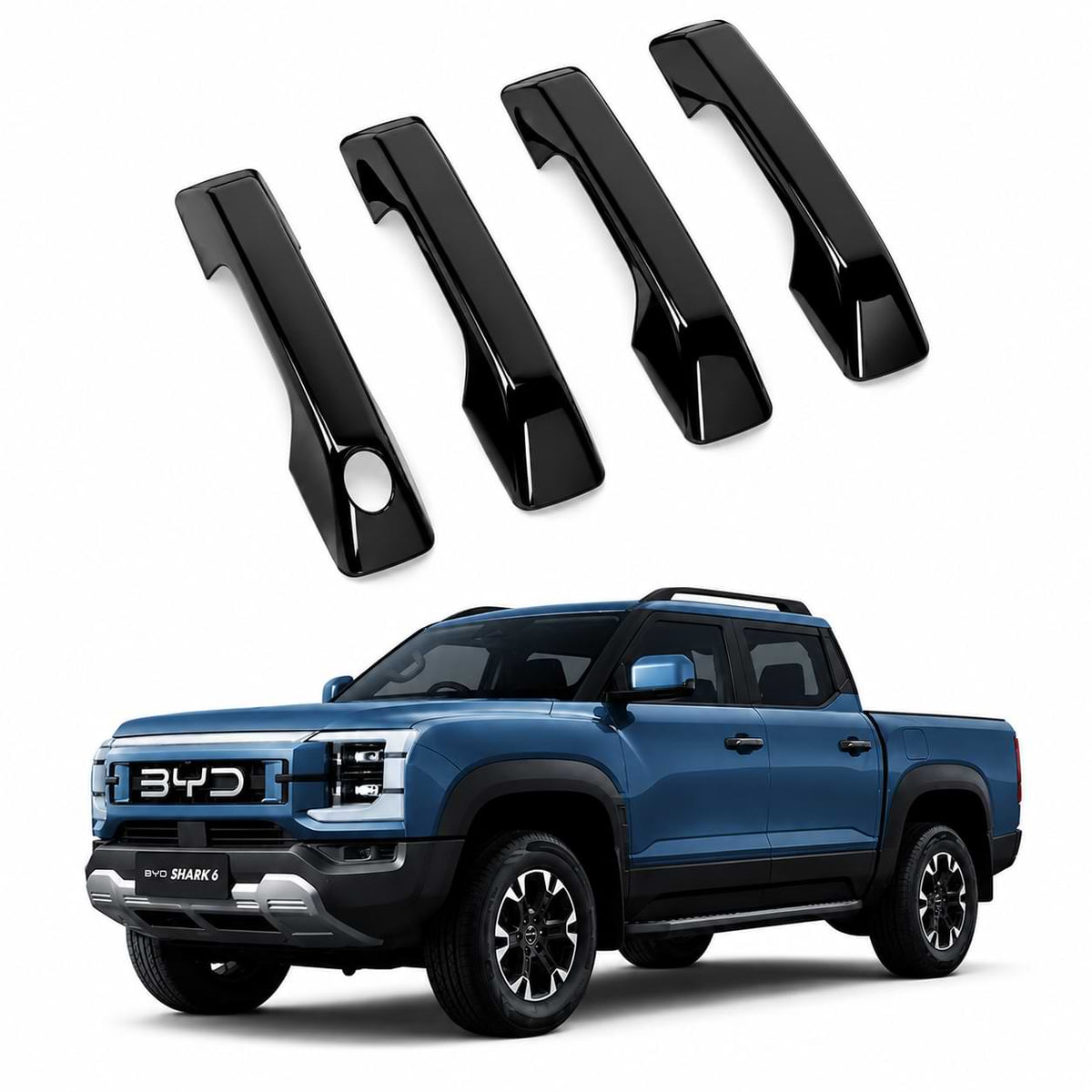 Black car door handles on a white background with a blue BYD truck below.