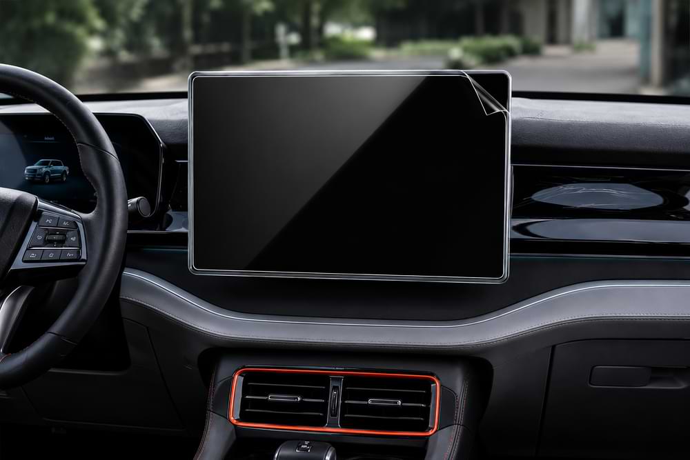 Black silicone screen protector installed on BYD Shark 6 15.6 inch touchscreen display
