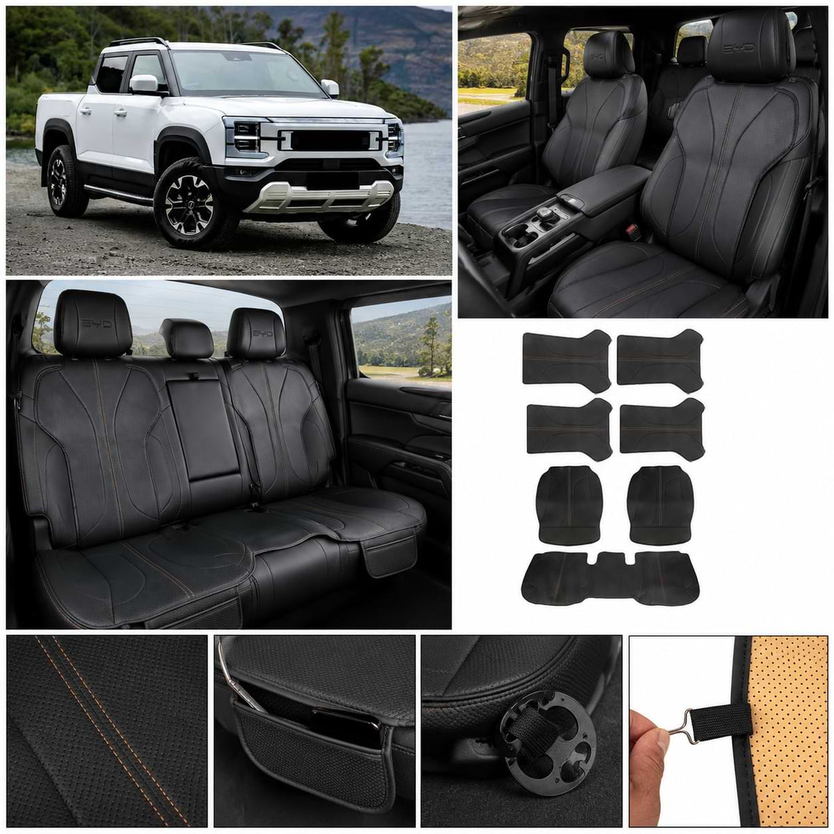 BYD Shark 6 premium half-cover Nappa leather seat covers installed interior collage