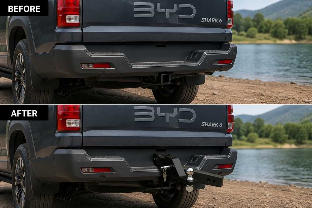 Before and after comparison of BYD Shark 6 trailer hitch accessories and towing upgrades