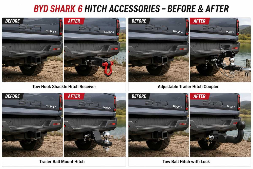 Before and after comparison of BYD Shark 6 trailer hitch accessories and towing upgrades