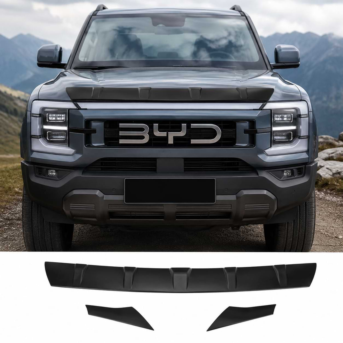 BYD Shark 6 front hood with matte black hood shield deflector and stone guard installed