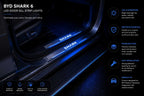 BYD Shark 6 LED door sill strip lights infographic showing illuminated stainless steel entry protection features