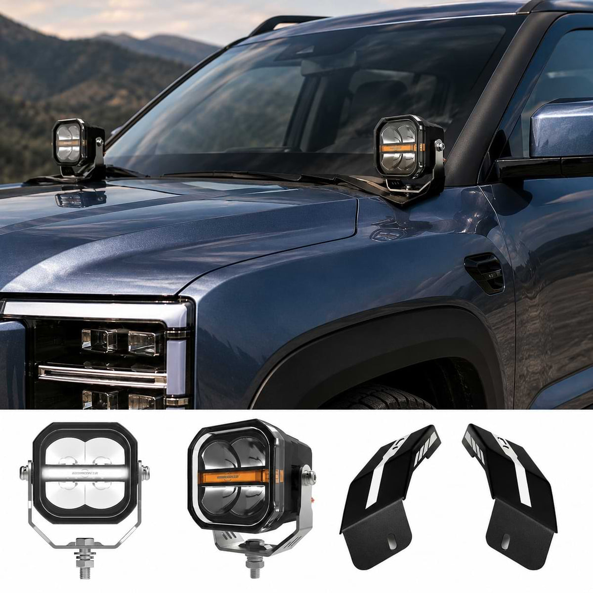 BYD Shark 6 off-road LED spotlight kit with A-pillar hood brackets installed on blue pickup truck