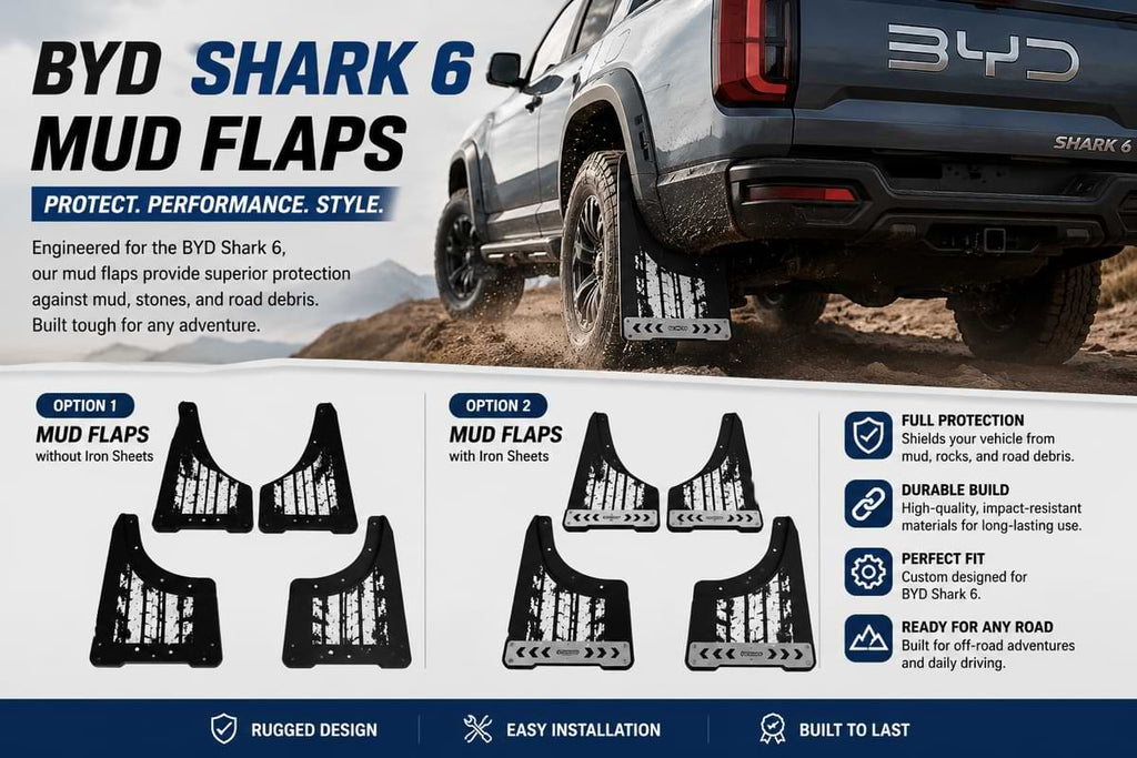 BYD Shark 6 mud flaps comparison collage showing standard and iron sheet versions