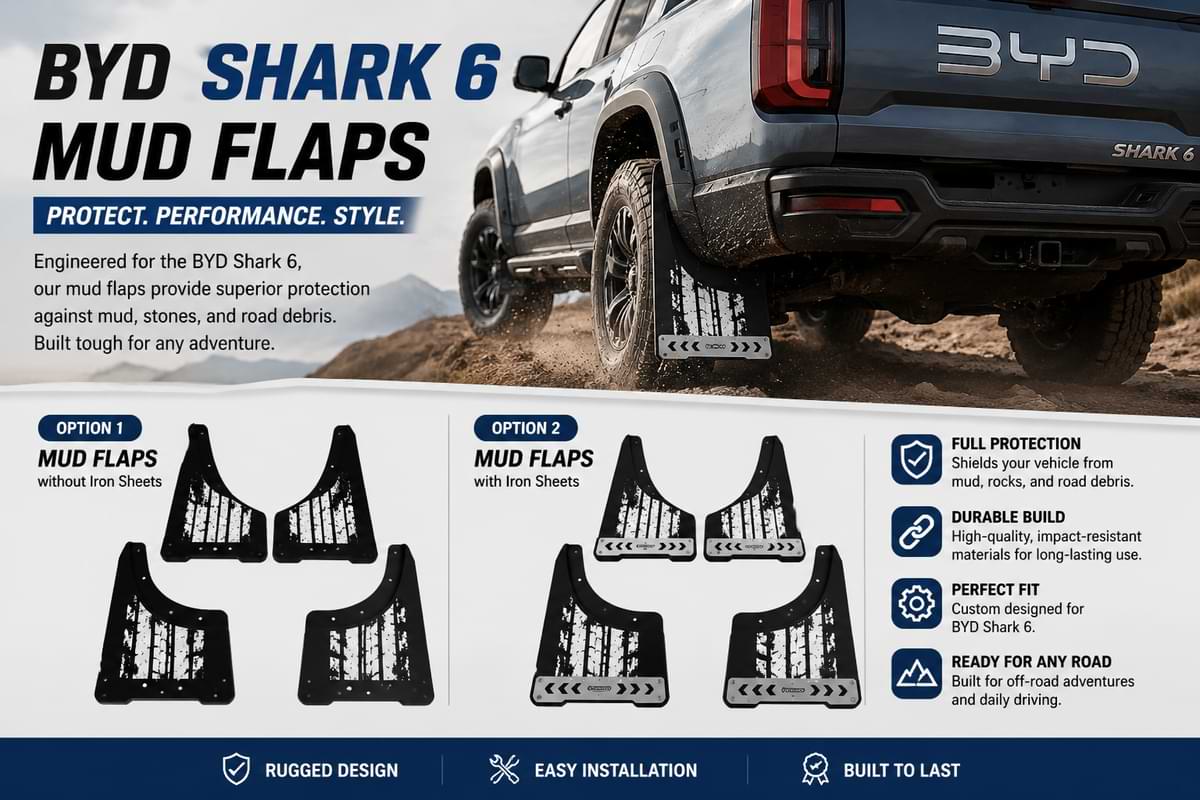 BYD Shark 6 mud flaps comparison collage showing standard and iron sheet versions