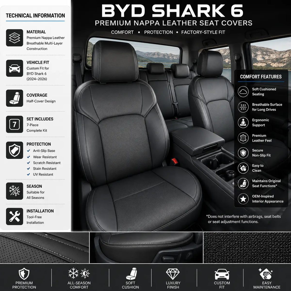 BYD Shark 6 Nappa Leather Half Seat Covers | Anti-Slip Seat Protectors (2024–2026)