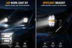BYD Shark 6 at night with powerful LED work lights and spotlight brackets mounted on the hood
