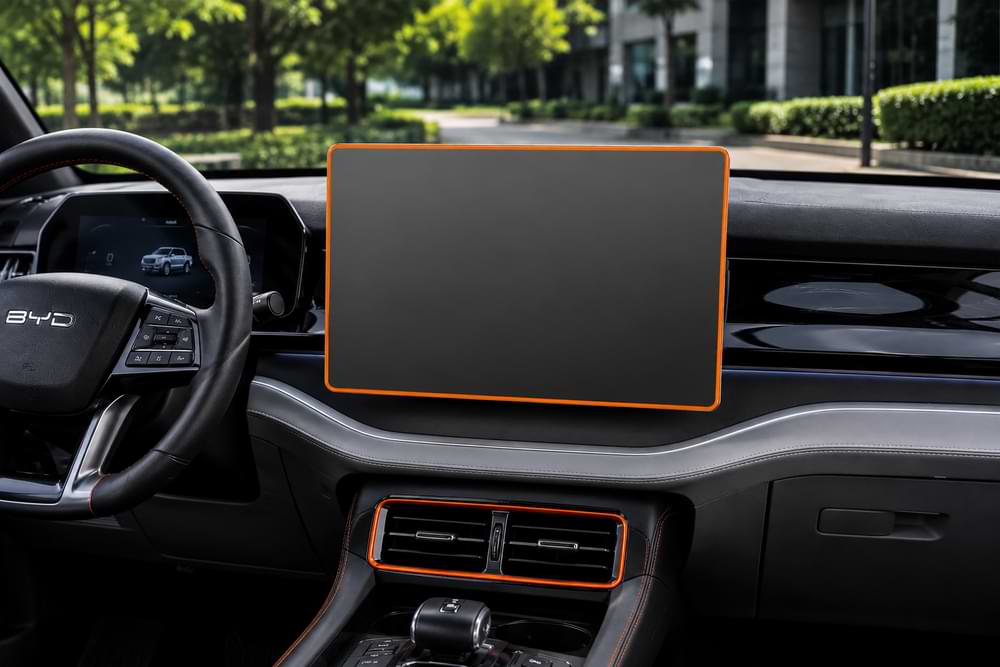Black silicone screen protector installed on BYD Shark 6 15.6 inch touchscreen display